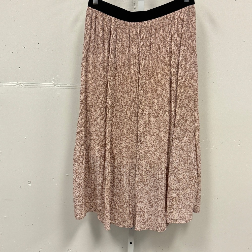 Adrianna Papell Mauve Floral Pleated Midi Skirt Elastic Waist Cottagecore Size M